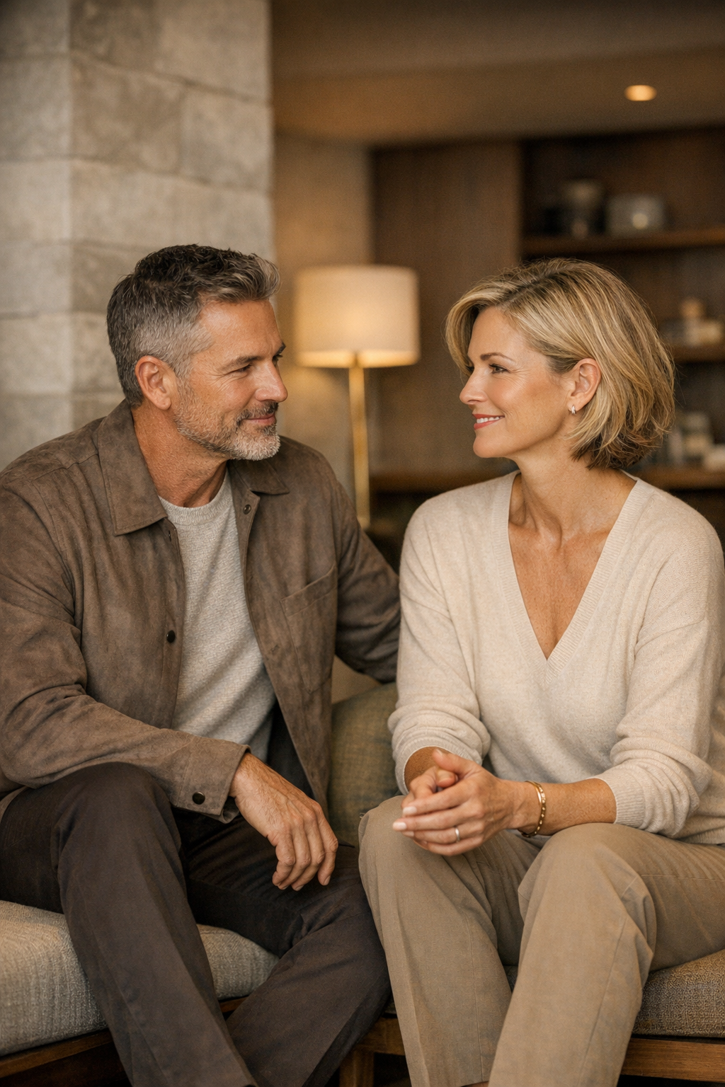 Mature man and woman seated together in an upscale wellness lounge